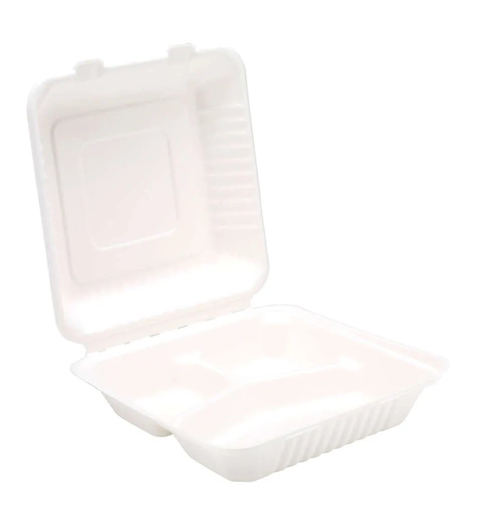 Bagasse Clamshell Meal Boxes 9" 3 Compartment