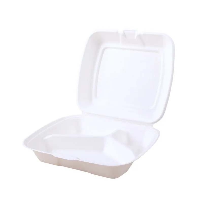 Bagasse Clamshell Meal Boxes 9x8" 3 Compartment