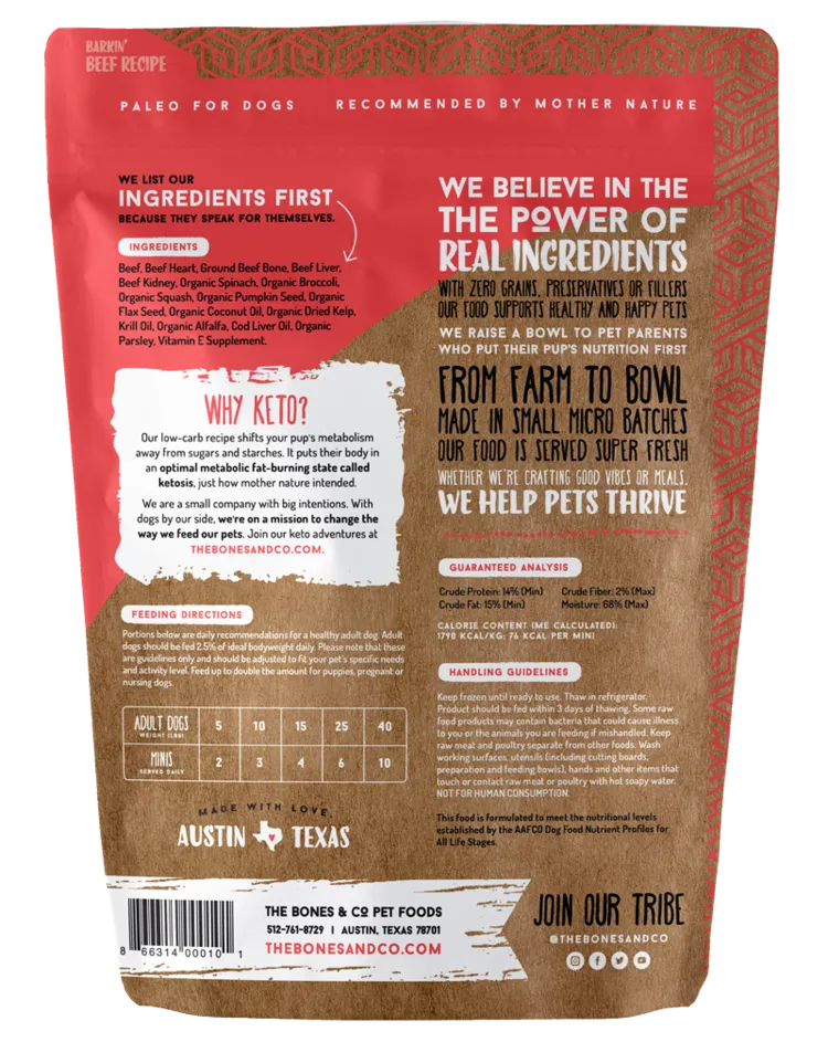 Bones & Co. Barkin' Beef Recipe Raw Frozen Mini Patties Dog Food