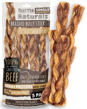 Braided Bully Sticks for Large Dogs - All-Natural, Fully Digestible Treats (5pk)