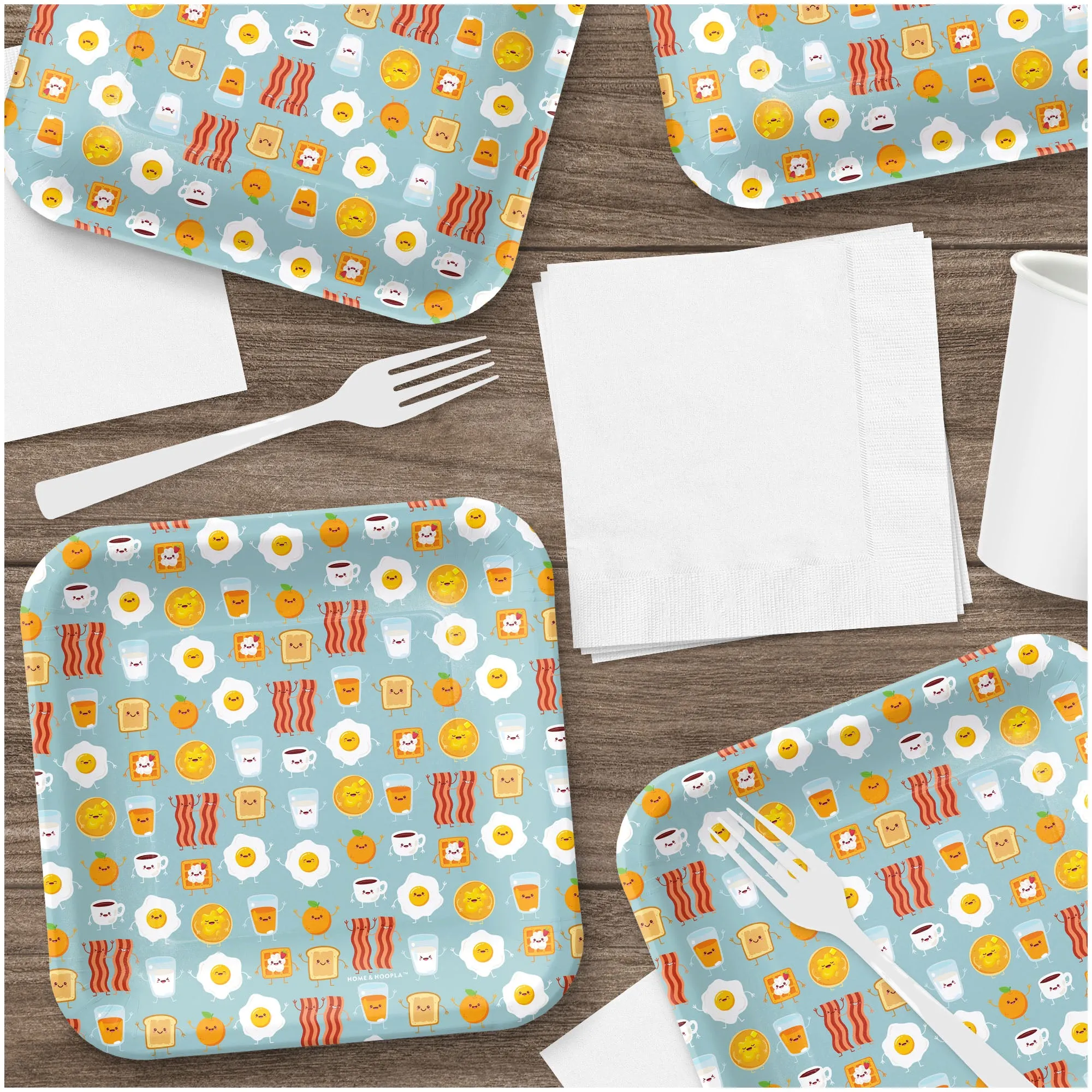 Breakfast & Brunch Party Supplies - Eggs, Bacon, & Toast Square Paper Dessert Plates for 16 Guests