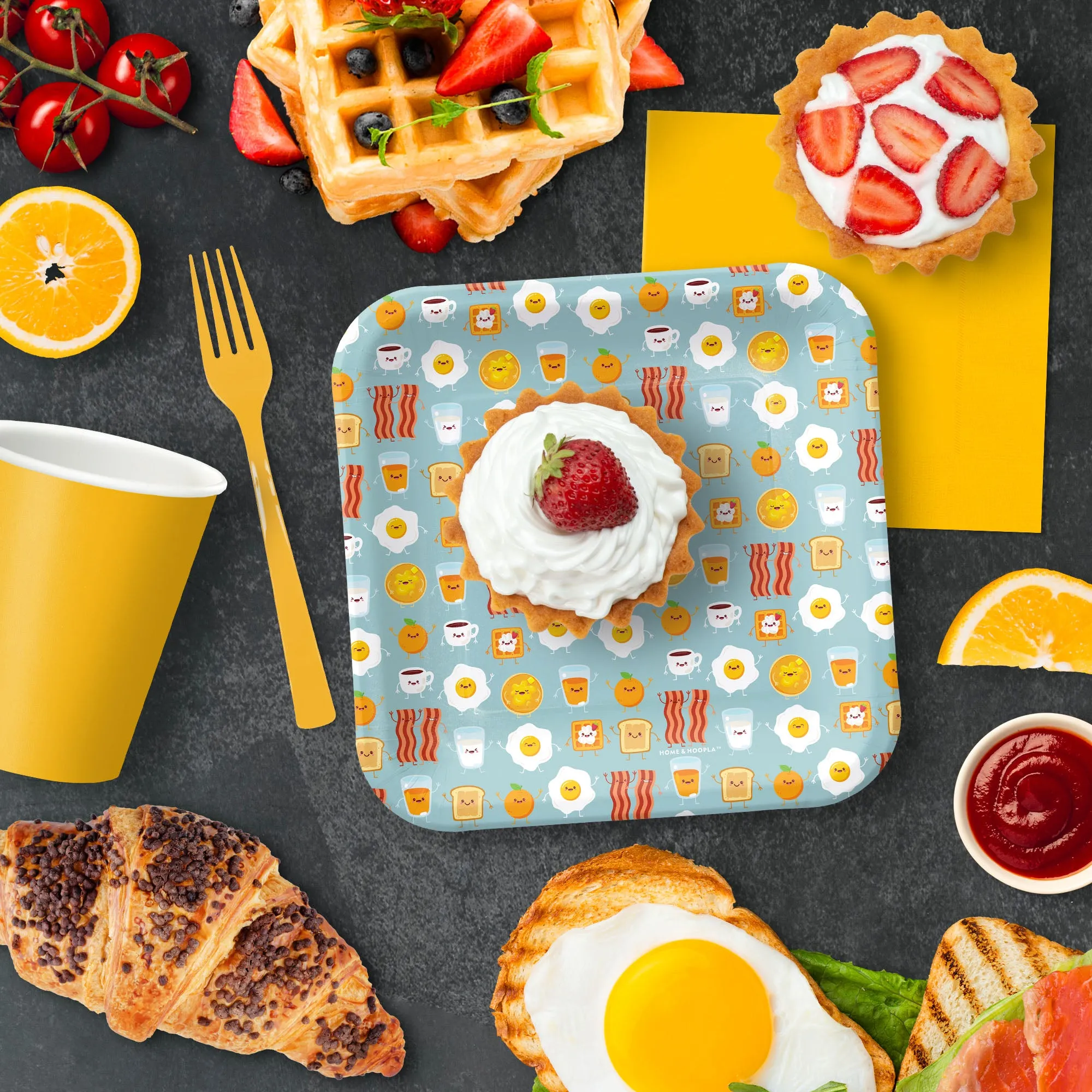 Breakfast & Brunch Party Supplies - Eggs, Bacon, & Toast Square Paper Dessert Plates for 16 Guests