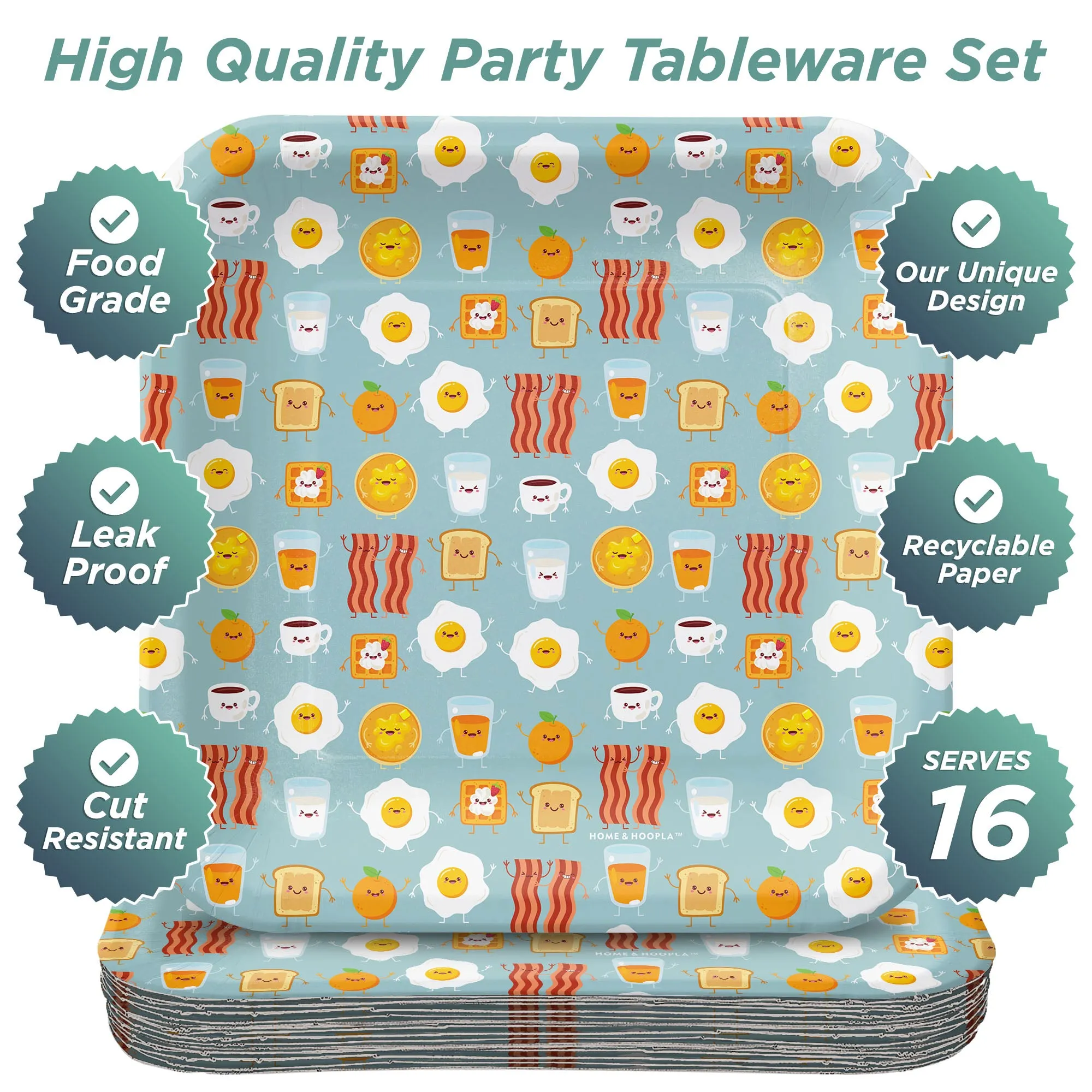 Breakfast & Brunch Party Supplies - Eggs, Bacon, & Toast Square Paper Dessert Plates for 16 Guests