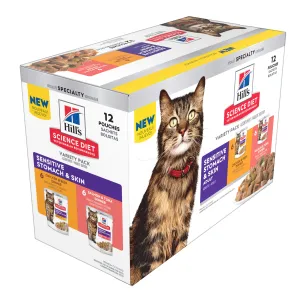 Hill's Science Diet Adult Sensitive Skin & Stomach Variety Pack Cat Food Pouches 79.37g x 12