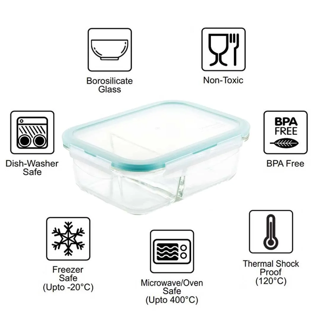 PUREFIT Multipurpose Food Storage Glass Container with divider lunch box,Airtight Glass Leak proof with Air Vent Lid Microwave Oven & freezer Safe,Break-Free Detachable Locks,Lunch box,640ml,Pack of 1