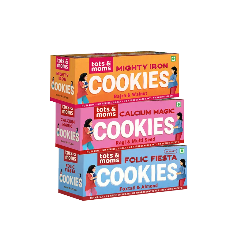 Tots & Moms  Cookies | Mighty Iron | Folic Fiesta | Calcium Magic | Pack of 3 - 150g each