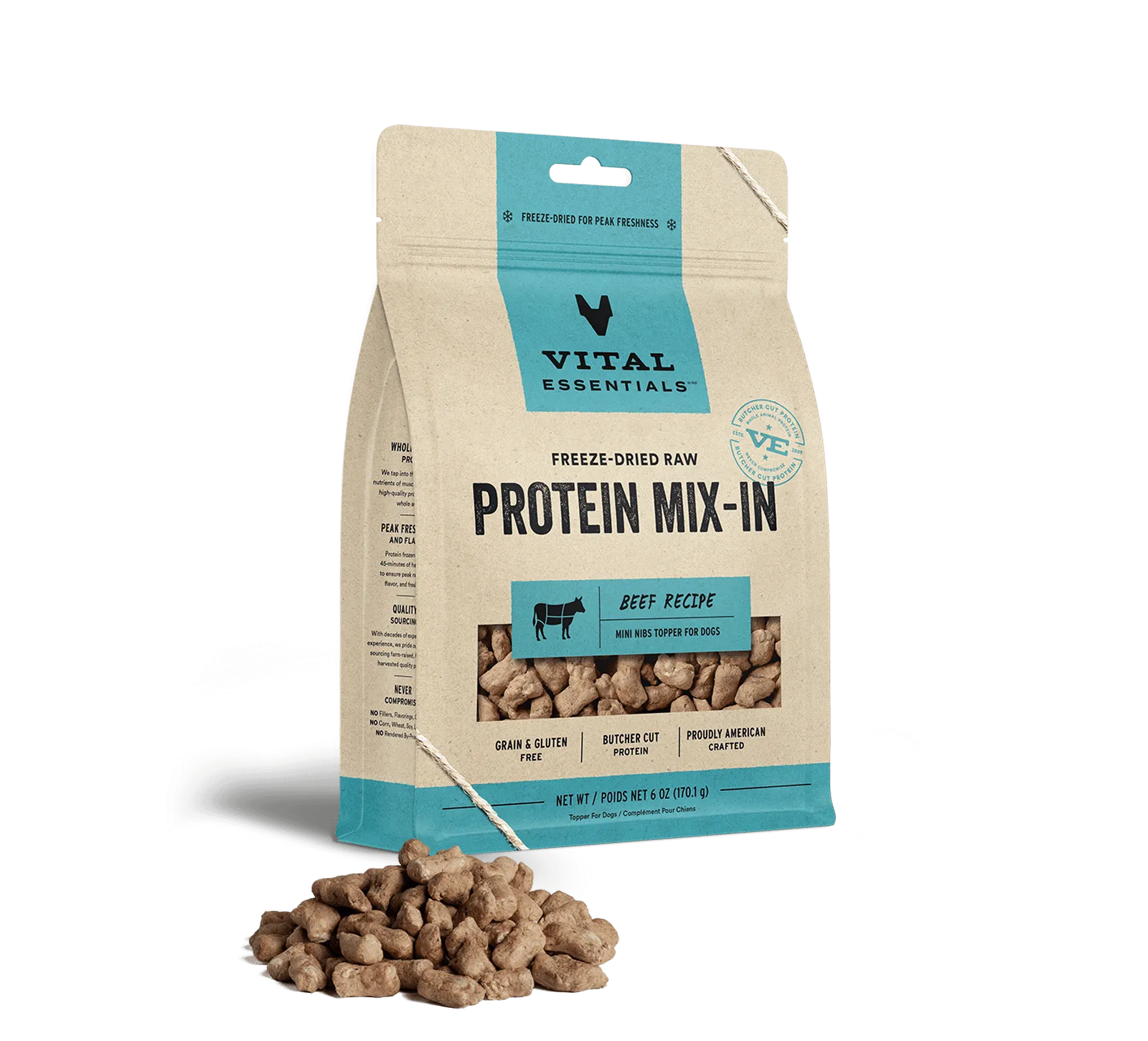 Vital Essentials Freeze Dried Raw Protein Mix-In Beef Recipe Mini Nibs Topper for Dogs (6 Oz)